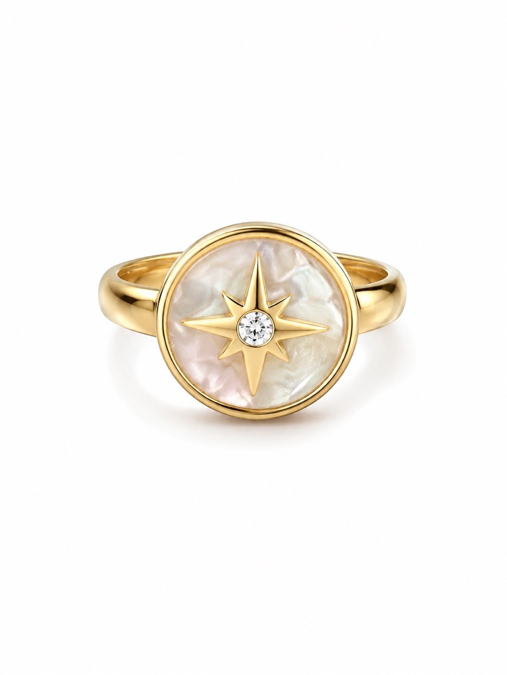 Starburst Mother-of-Pearl Ring Crystal 14K Gold Plated Rhodium North Star Ring